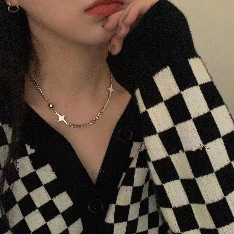 Vintage Y2k Ästhetische Pentagramm Stern Anhänger Silber Farbe Halsband Kette Halskette Für Frauen Coole Hip Hop Schmuck Charme Zubehör