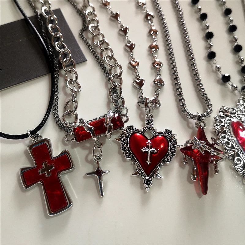 Gothic Rotes Kreuz Stern Herz Anhänger Halskette Für Frauen Männer Hip Hop Straße Vintage Y2K Grunge Punk Y2K Ästhetischen Schmuck Geschenke