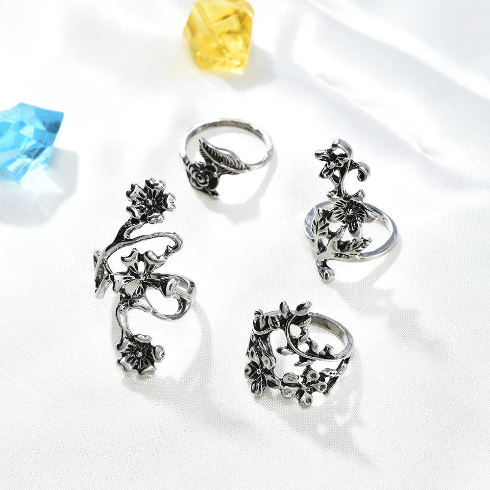 4 Teile/satz Wald Reben Blatt Blume Ring Vintage Punk Antike Geschnitzte Midi Finger Ring Frauen Böhmischen Ringe Für Männer Schmuck geschenke
