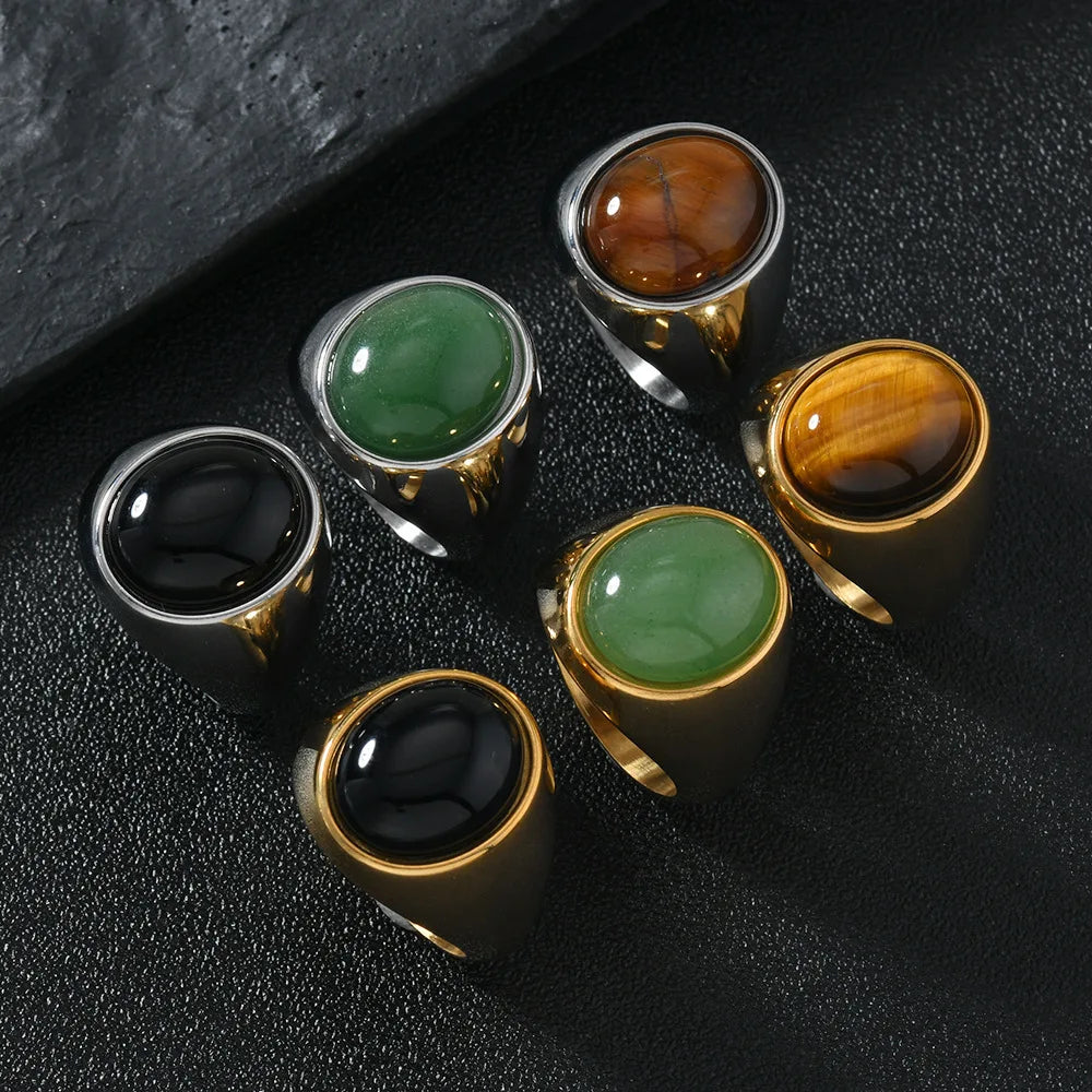 HNSP 316L Edelstahl Oval Naturstein Ring Für Männer Frauen Finger Vintage-Schmuck Schwarz Grün Tigerauge Männliche Ringe
