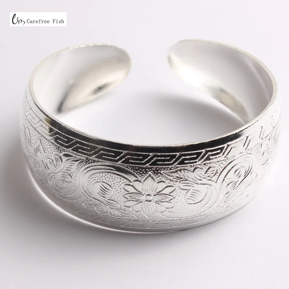 32-Stil Vintage-Manschettenarmband, tibetisch versilbert, geschnitzte Blume, Tier-Öffnungsarmreif, verstellbar, indischer Schmuck, Damen-Geschenke