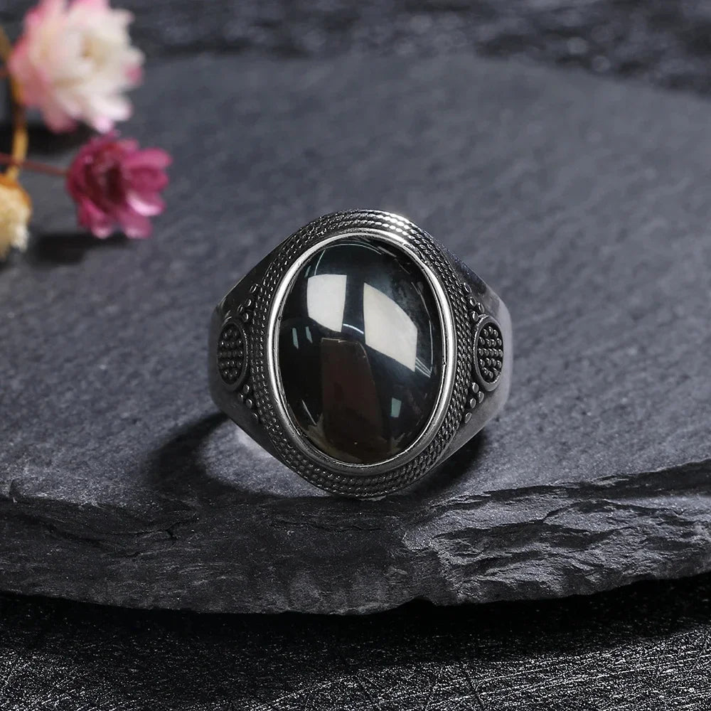 Vintage-Ring aus 925er Silber, natürlicher schwarzer Onyx-Ring, kreisförmiger Denier-Typ, Pferdeauge-Design, Geschenk, edler Schmuck, schwarzer Ring für Männer und Frauen
