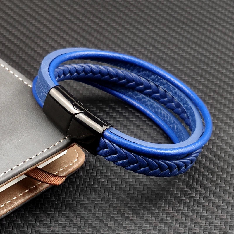MingAo Neue Titan Stahl Blau Punk Geflochtene Leder Armband Für Männer Schwarz Magnet Verschluss Armreif Die Beste Geschenk für Vintage schmuck