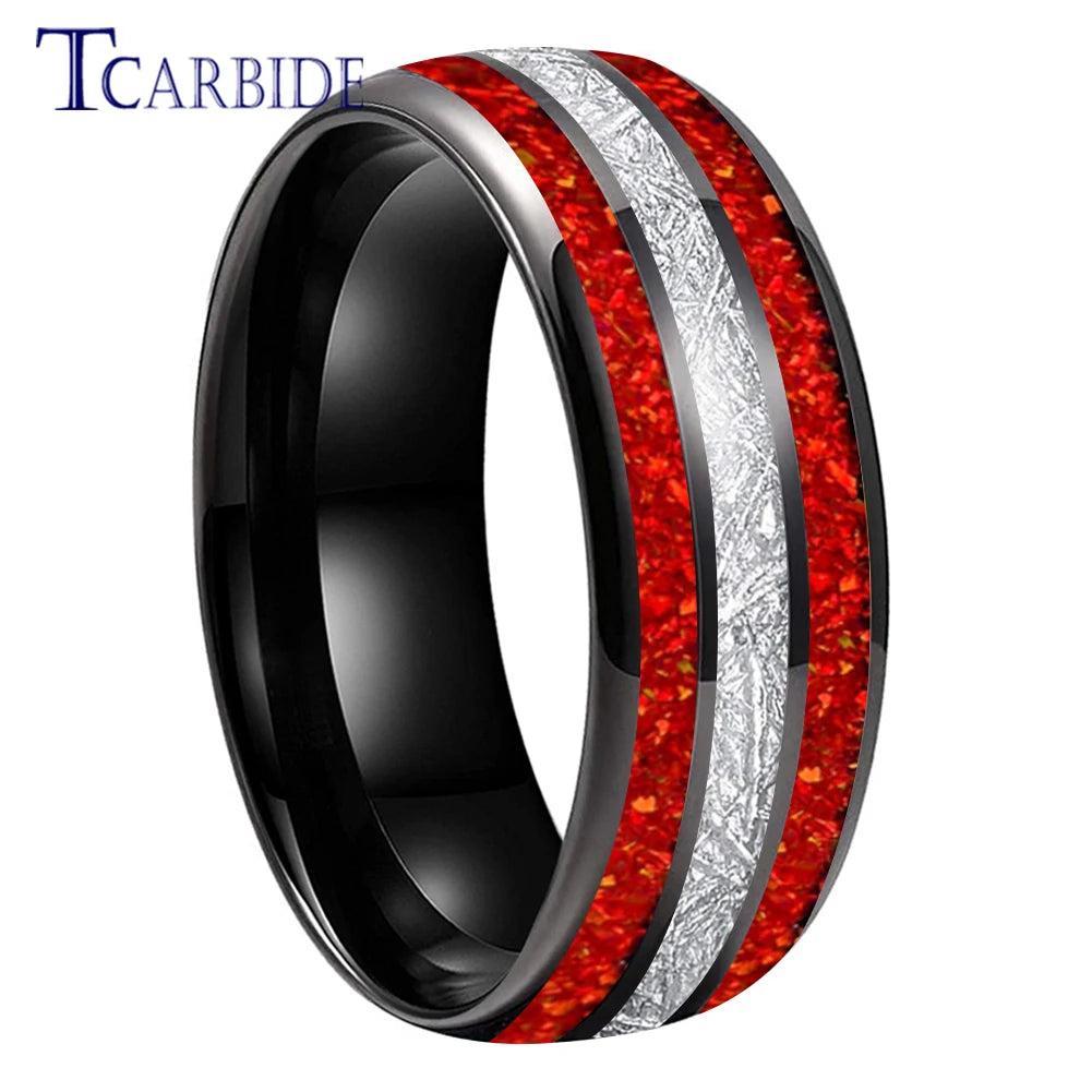 Dropshipping 8MM Männer Frauen Schöne Hochzeit Band Wolfram Rot Opal Ring mit Helle Meteorit Inlay Gewölbt Poliert Komfort Fit