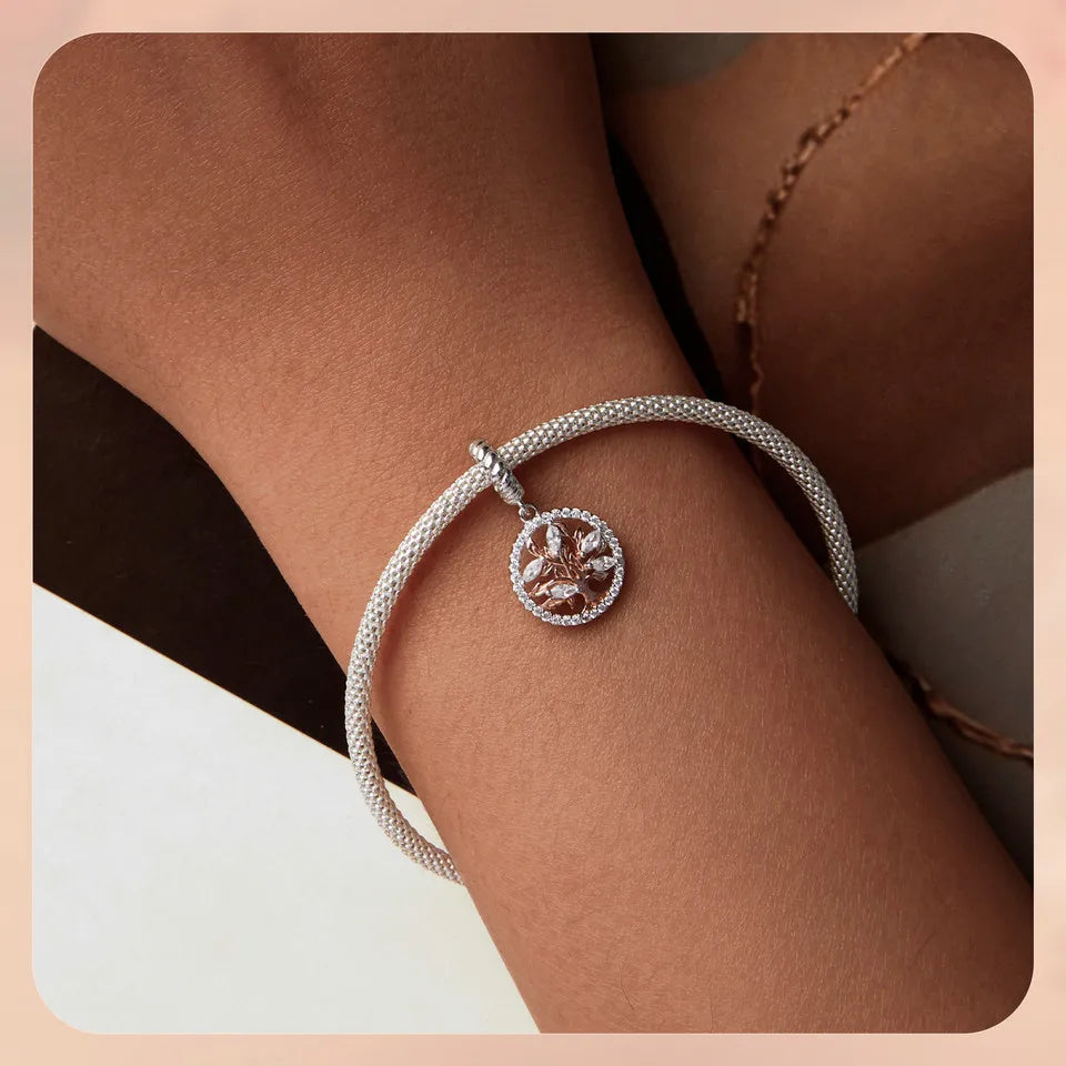 WOSTU Muttertags-Charm aus 925er-Sterlingsilber mit Rosenblüten-Anhänger, Baum des Lebens, Herzperlen, passend für Armbänder, Halsketten, DIY-Geschenk für Mama