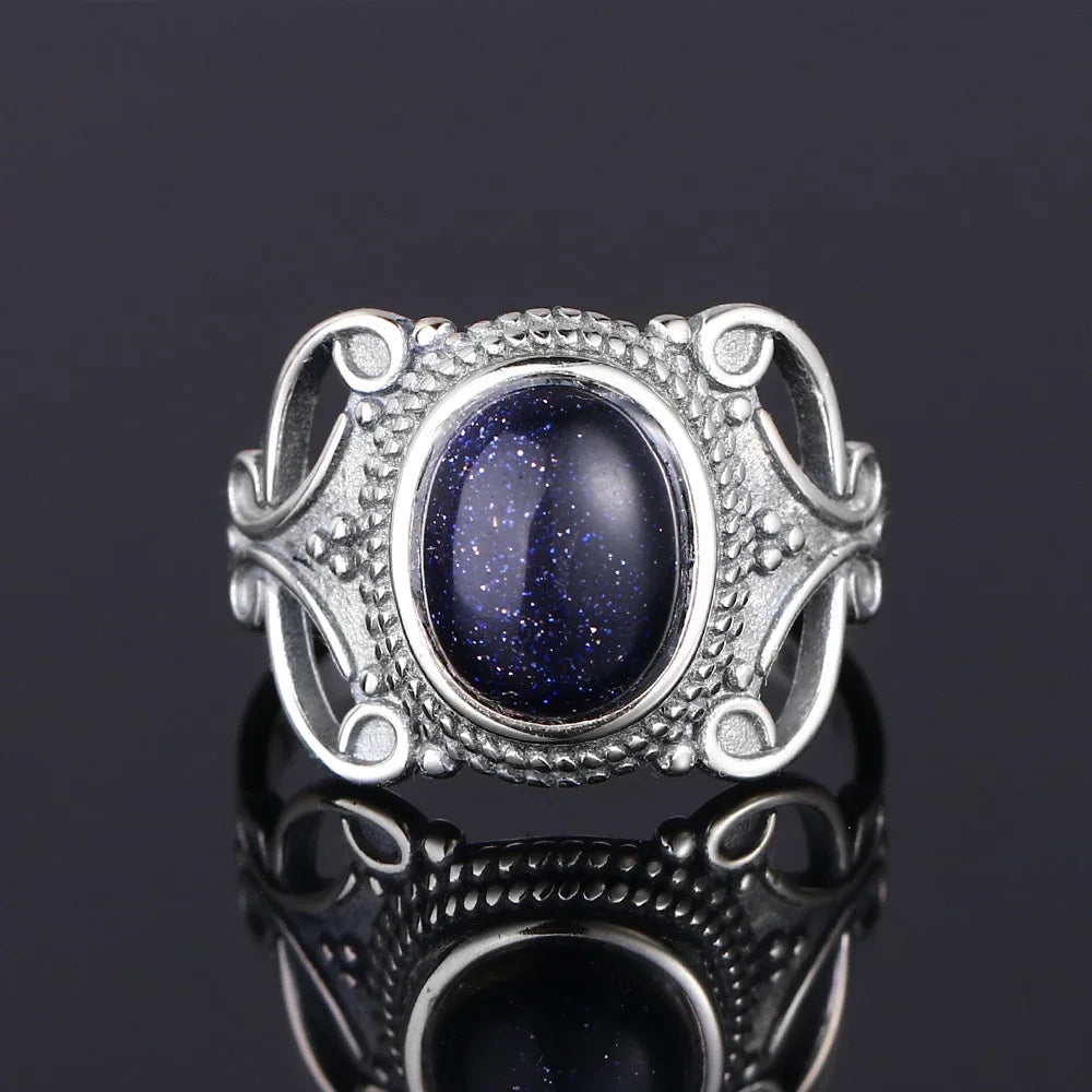 Ring aus 925er-Sterlingsilber, oval, rund, natürlicher blauer Sandstein, Ring für Frauen, Geschenk, Retro-Luxus, edler Schmuck