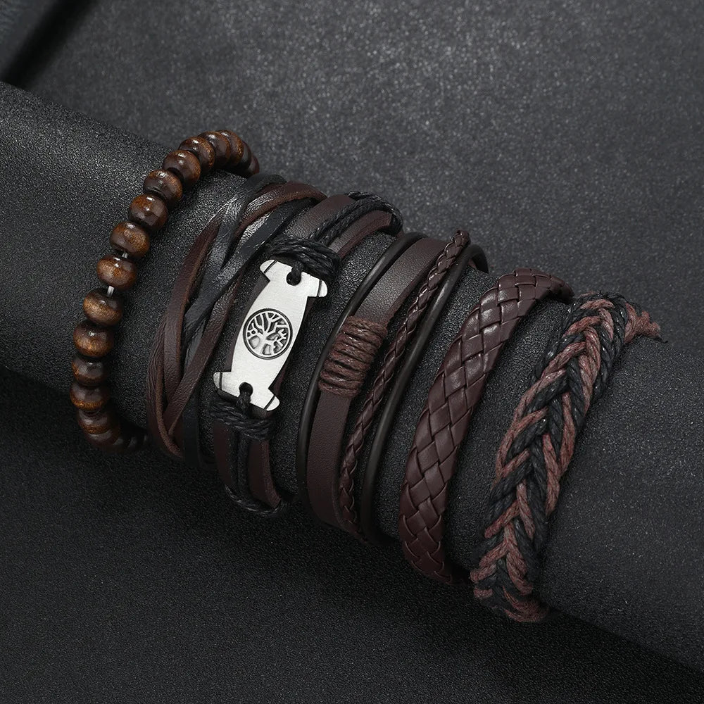 Punk Casual Bead6 Teil/satz Baum Schwarz Khaki Handgemachte Männer Armbänder Männlichen Frauen Leder Armbänder Männer Armreif Großhandel Schmuck Geschenk