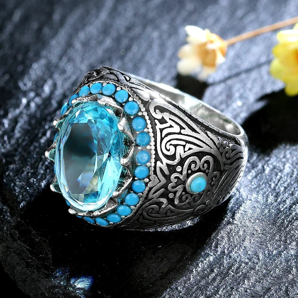 Silberring für Männer und Frauen, blauer Zirkon-Fingerring, Vintage-Edelschmuck, Aquamarin-Edelstein-Schmuck, Geschenk