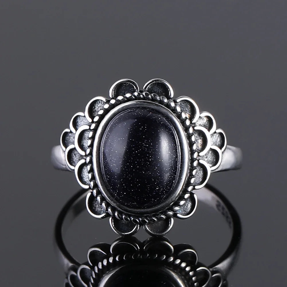 Ring aus 925er-Sterlingsilber, oval, rund, natürlicher blauer Sandstein, Ring für Frauen, Geschenk, Retro-Luxus, edler Schmuck