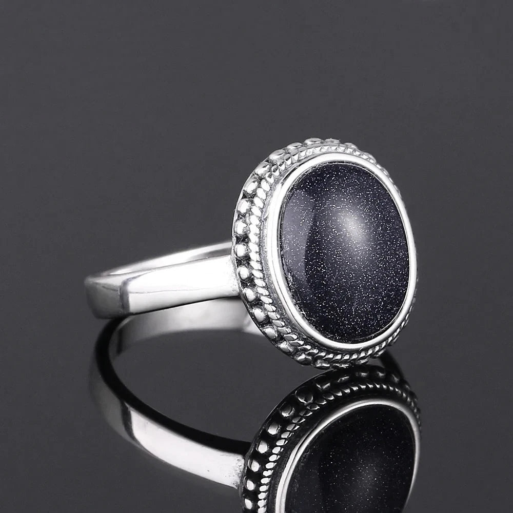 Ring aus 925er-Sterlingsilber, oval, rund, natürlicher blauer Sandstein, Ring für Frauen, Geschenk, Retro-Luxus, edler Schmuck