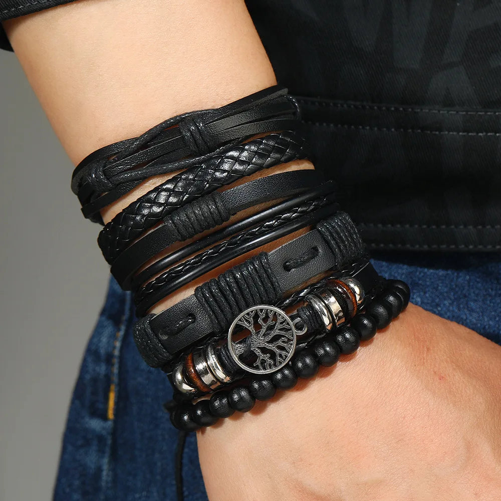 Punk Casual Bead6 Teil/satz Baum Schwarz Khaki Handgemachte Männer Armbänder Männlichen Frauen Leder Armbänder Männer Armreif Großhandel Schmuck Geschenk