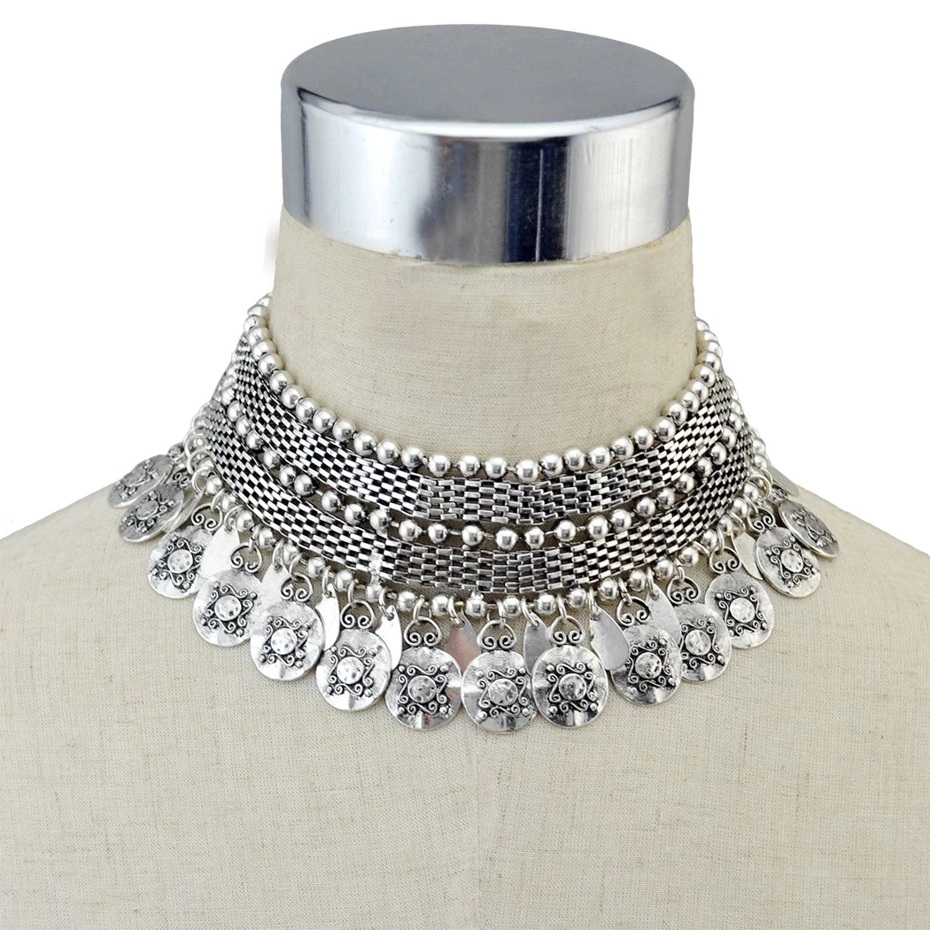 Afghanische Vintage Silber Farbe Legierung Halsketten Perlen Geometrische Form Münze Quaste Anhänger Klobige Halsketten für Boho Gypsy Türkisch
