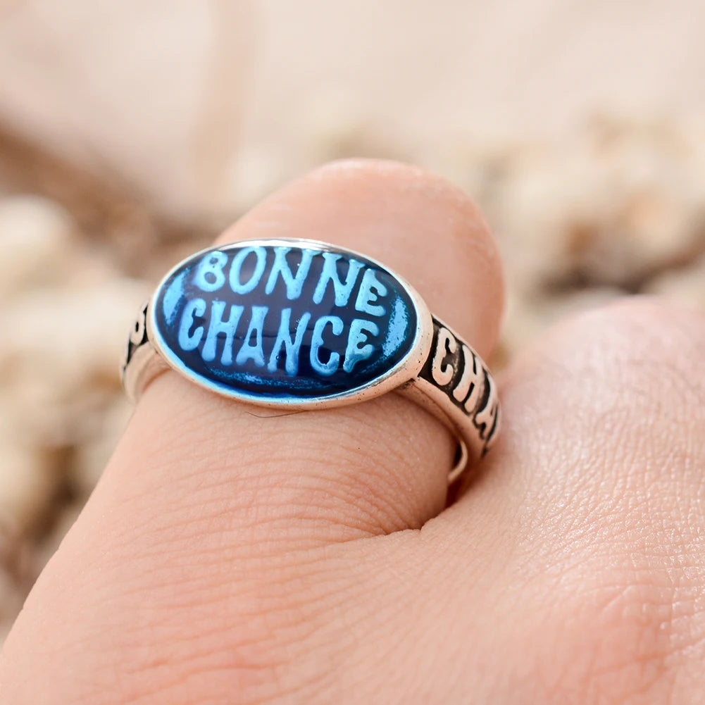Heißer Verkauf Elegante Farbige Tropfen Glasur Bonne Chance Brief Thai Silber Weibliche Party Ring Schmuck Für Frauen Neue Jahr Geschenke