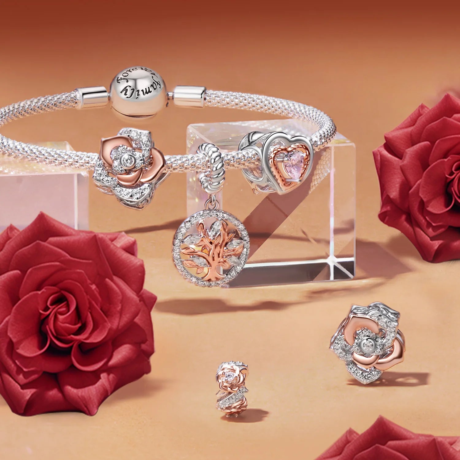 WOSTU Muttertags-Charm aus 925er-Sterlingsilber mit Rosenblüten-Anhänger, Baum des Lebens, Herzperlen, passend für Armbänder, Halsketten, DIY-Geschenk für Mama