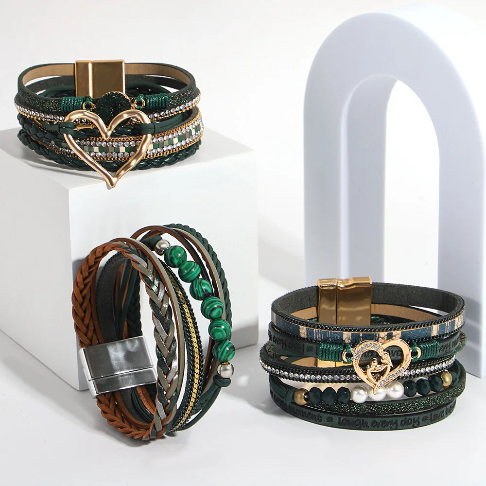 ALLYES Vintage grünes mehrschichtiges Wickelarmband aus Leder für Damen und Herren, Boho-Armbänder mit eingelegten Strasssteinen und Armreifen, Charm-Schmuck