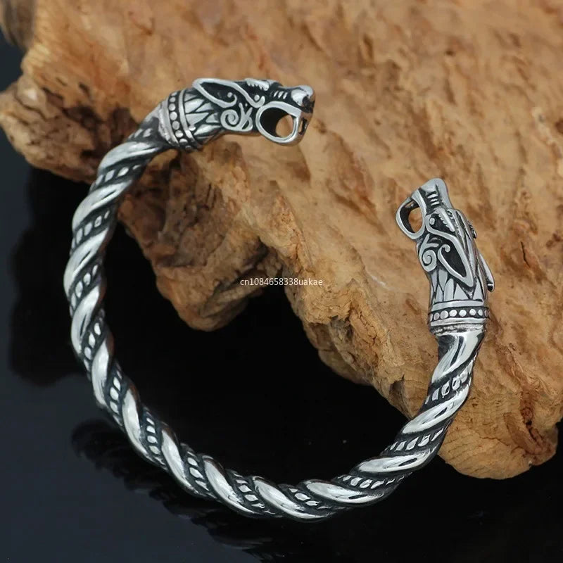 Nordisches Wikinger-Wolfskopf-Armband, Edelstahl, Öffnung, verstellbares Armband, Manschette, Drachenarmreif für Männer, Modeschmuck, Geschenke