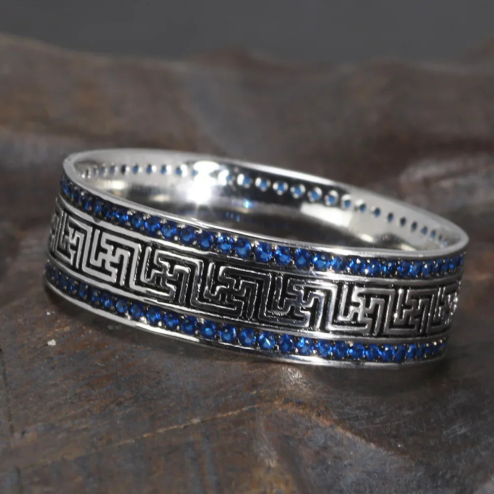 Türkische Ringe aus echtem Sterlingsilber 925, für Männer und Frauen mit blauem, rundem Zirkon, Retro-Punk-Ringe, modischer Silberschmuck