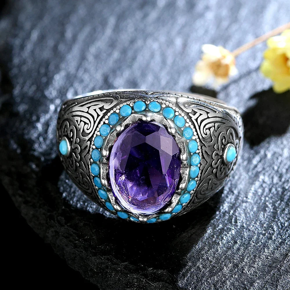 Silberring für Männer und Frauen, blauer Zirkon-Fingerring, Vintage-Edelschmuck, Aquamarin-Edelstein-Schmuck, Geschenk