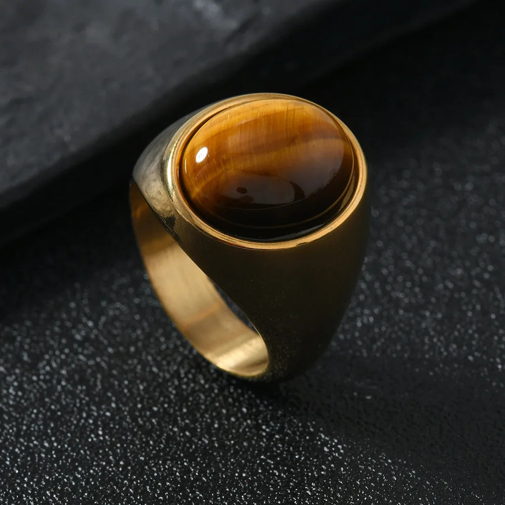 HNSP 316L Edelstahl Oval Naturstein Ring Für Männer Frauen Finger Vintage-Schmuck Schwarz Grün Tigerauge Männliche Ringe