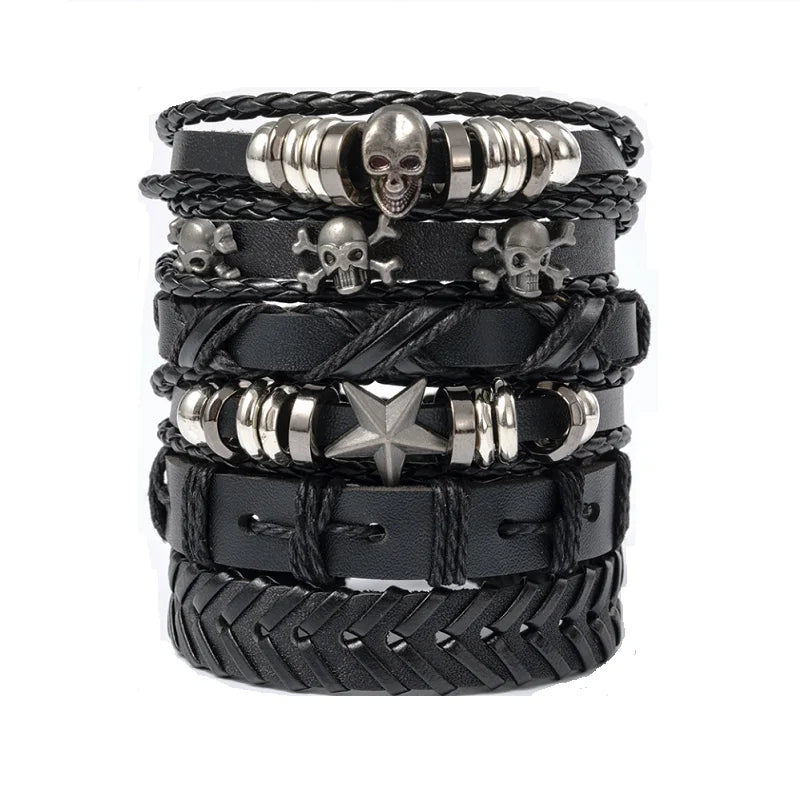 Punk Multilayer Antike Leder Armband Set Schädel Auge Stern Charms Hiphop Rock Y2K Vintage Pu Gothic Armband Mann Goth Schmuck