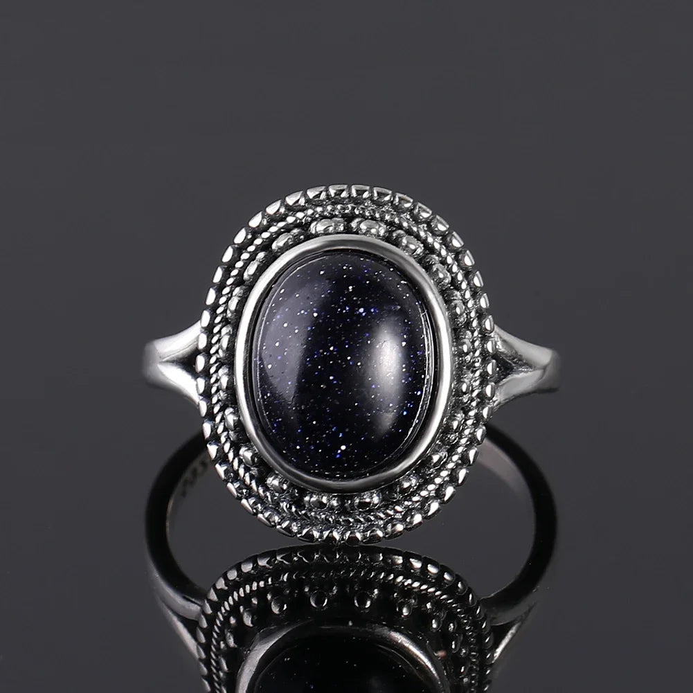Ring aus 925er-Sterlingsilber, oval, rund, natürlicher blauer Sandstein, Ring für Frauen, Geschenk, Retro-Luxus, edler Schmuck