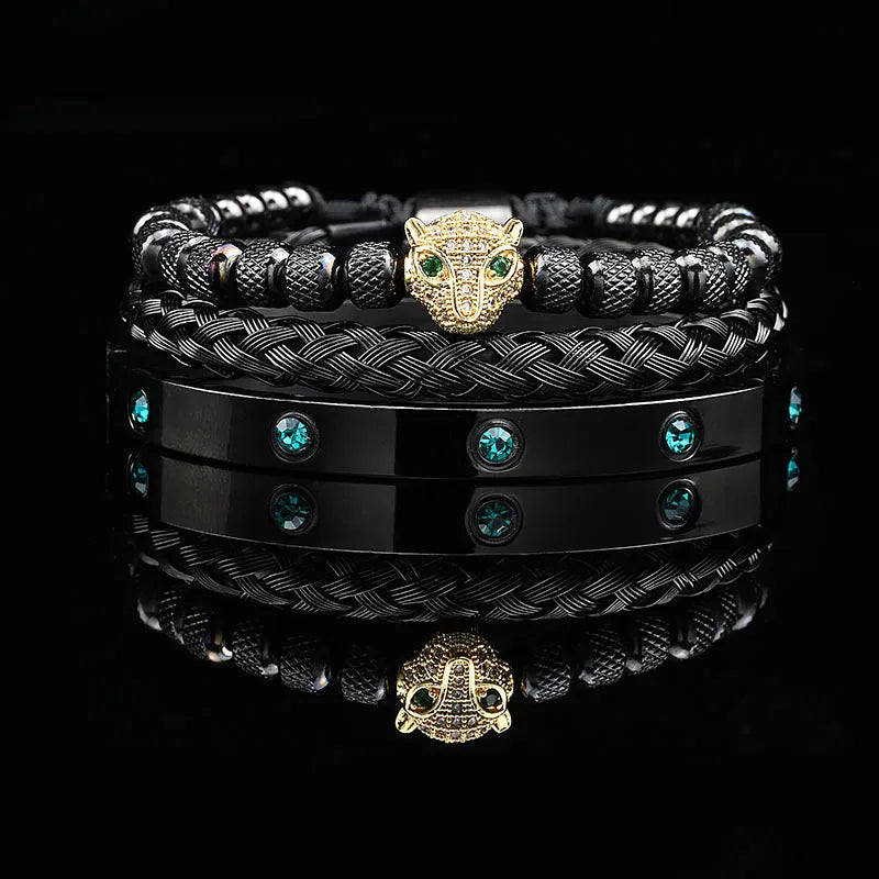 Luxus Schwarz Stein Perlen Leopard Kopf Mann Armband Emaille Edelstahl Römischen Armreifen Frauen Schmuck Set