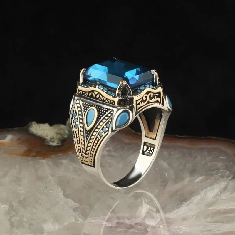 Retro handgemachte türkische Siegelringe für Männer alte silberne Farbe geschnitzten Ring mystischen Zirkon Inlay neuen Punk Motor Biker Ring