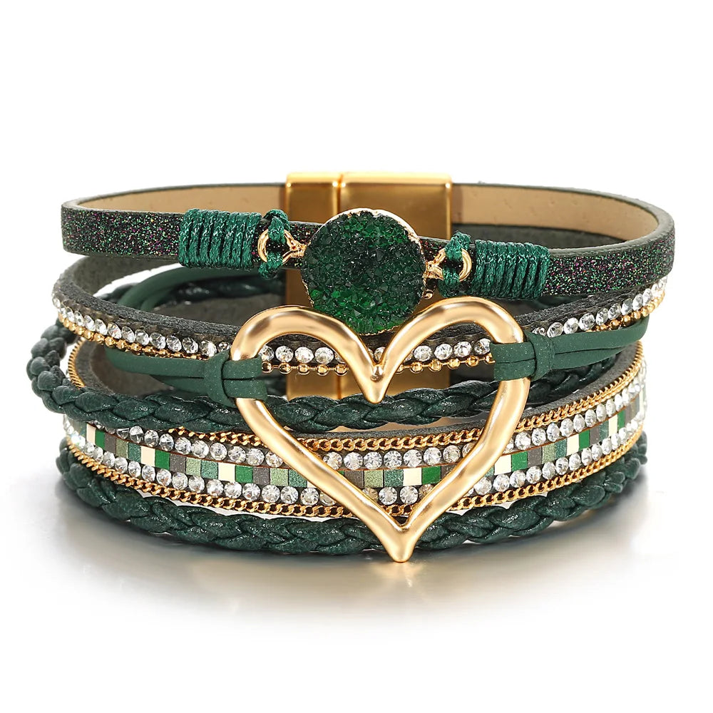 ALLYES Vintage grünes mehrschichtiges Wickelarmband aus Leder für Damen und Herren, Boho-Armbänder mit eingelegten Strasssteinen und Armreifen, Charm-Schmuck