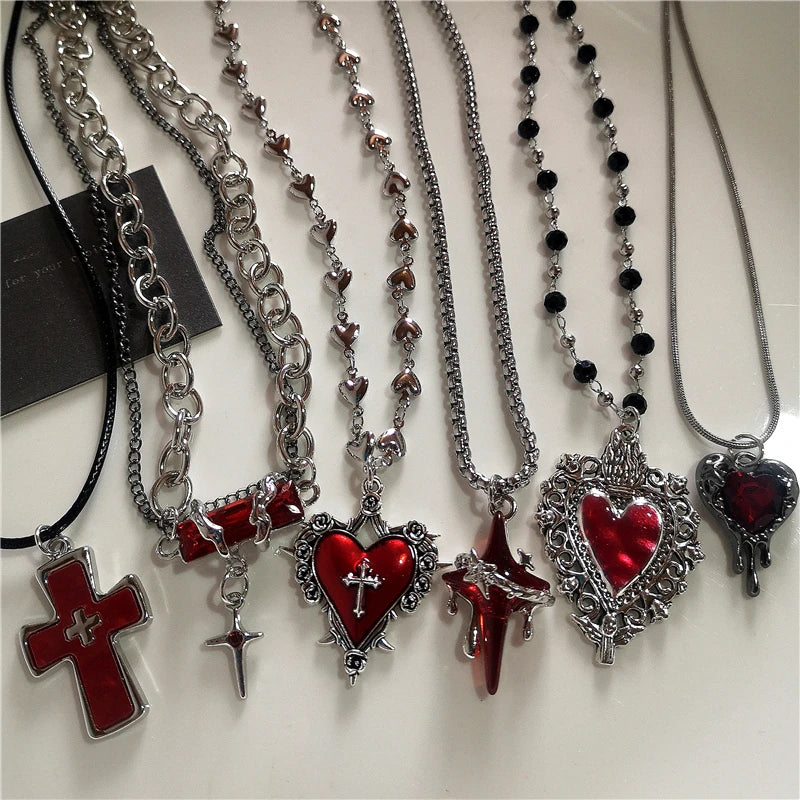 Gothic Rotes Kreuz Stern Herz Anhänger Halskette Für Frauen Männer Hip Hop Straße Vintage Y2K Grunge Punk Y2K Ästhetischen Schmuck Geschenke