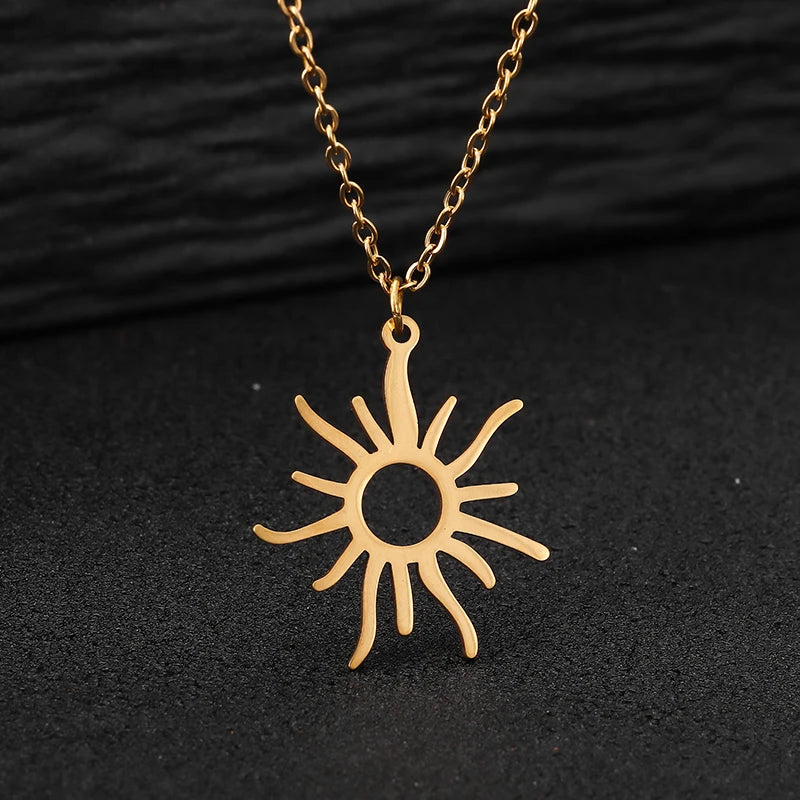 Vintage Hohl Sonne Halsketten Für Frauen Edelstahl Gold Farbe Sonne Anhänger Halskette Femme Luxus Hochzeit Schmuck Geschenk