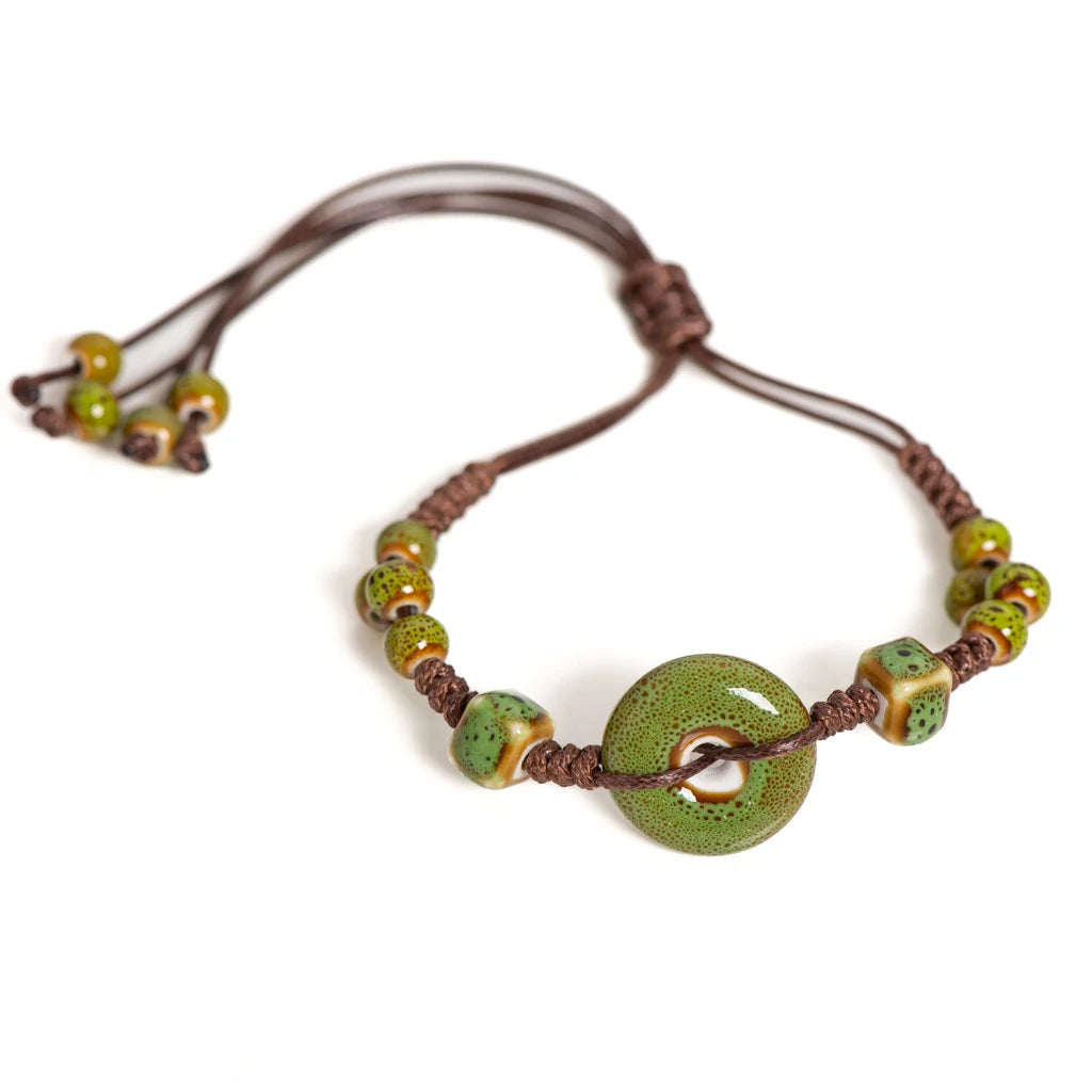 Handgefertigtes glasiertes Keramik-Armband mit Friedensschnalle, verstellbarer Vintage-Boho-Schmuck – S02-013