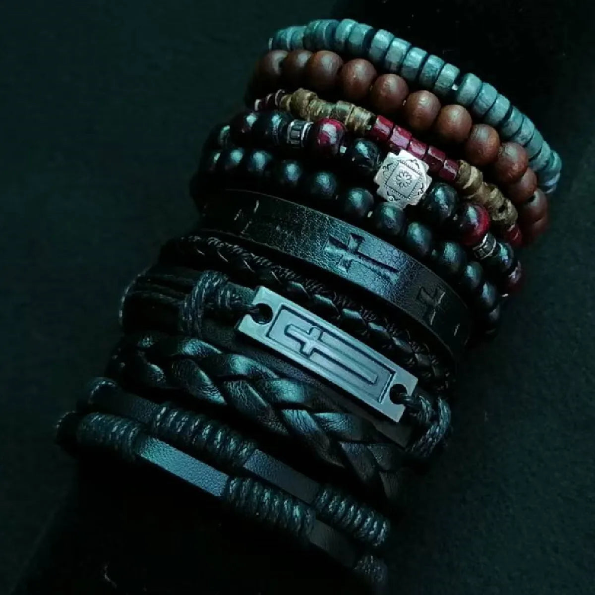 Khaki Tree 10Pcs/Set Black Wrap Woven Fashion Handmade Men Bracelets Male Women Leather Bracelets Men Bangle Wholesale Jewelry