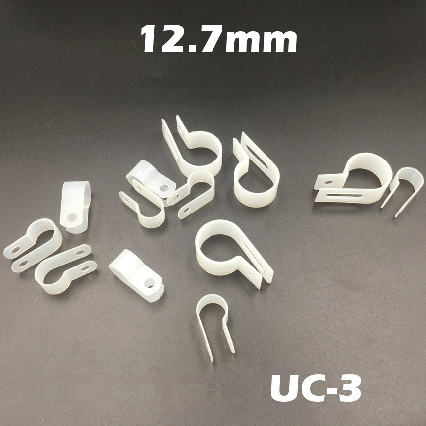 90 Stück UC-3 12,7 mm 1/2 Zoll weißer Kunststoff-Nylondraht-Schlauch, Fansten R-Typ, fester Kabelbinder, Organizer-Halter, R-Clip-Klemme