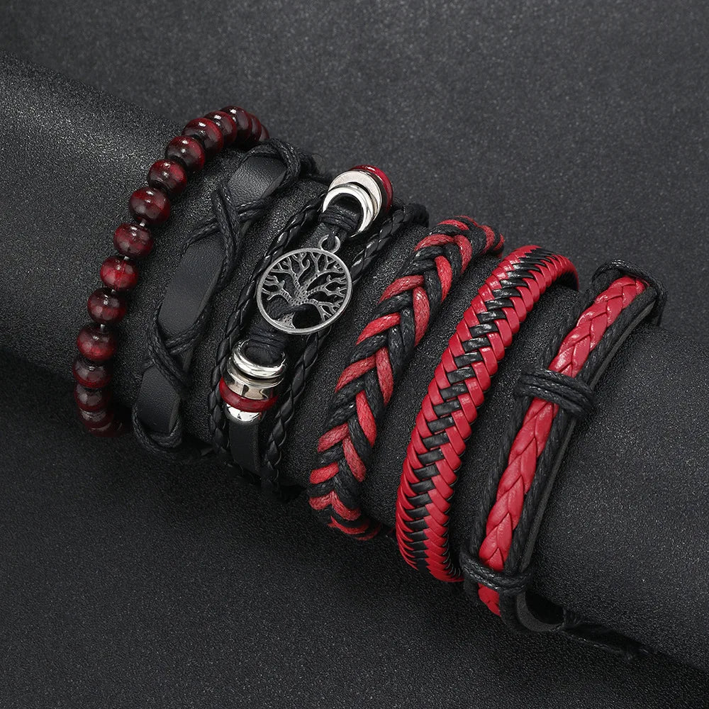 Punk Casual Bead6 Teil/satz Baum Schwarz Khaki Handgemachte Männer Armbänder Männlichen Frauen Leder Armbänder Männer Armreif Großhandel Schmuck Geschenk