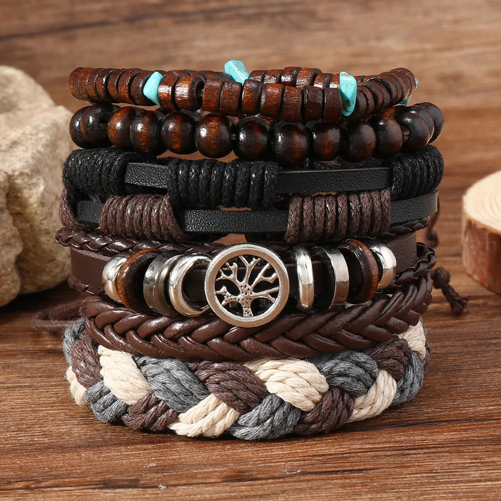 Punk Casual Bead6 Teil/satz Baum Schwarz Khaki Handgemachte Männer Armbänder Männlichen Frauen Leder Armbänder Männer Armreif Großhandel Schmuck Geschenk