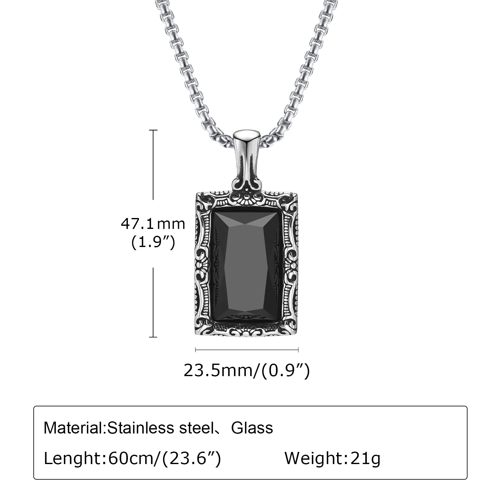 Vnox Black Square Stein Halsketten für Männer, Retro Silber Farbe Edelstahl geometrischen Anhänger Kragen mit Box Kette