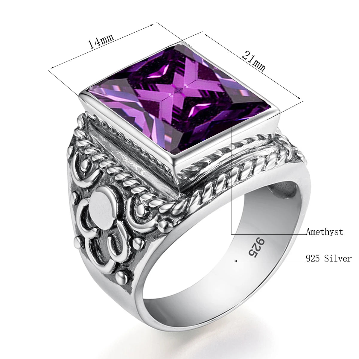 Massive 925er Sterlingsilber dicke Herrenringe Amethyst Vintage Art Deco Revival Vintage männlicher Schmuck Party Geschenk für Ehemann