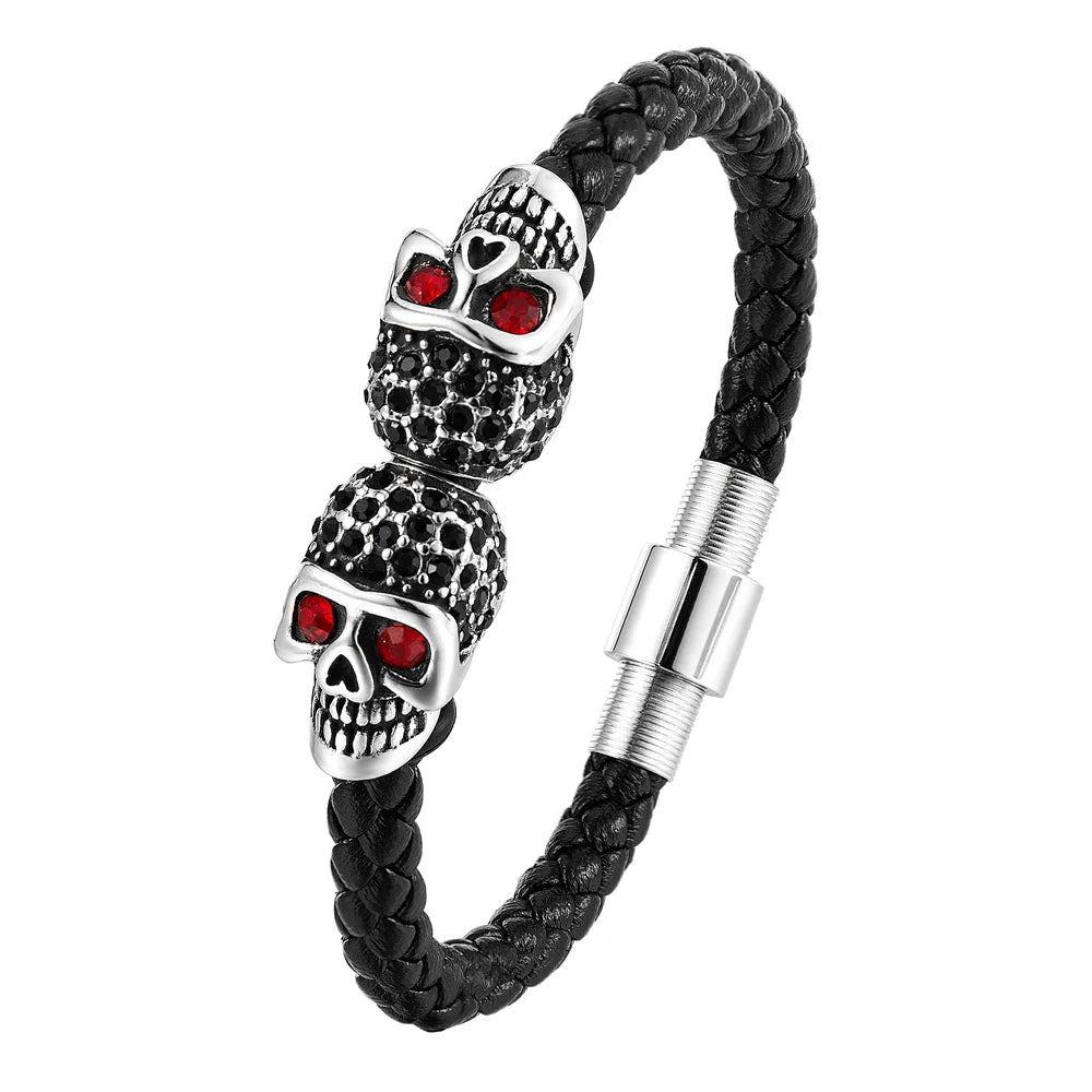 Übertreibung Männer Schmuck Schwarz Geflochtene Leder Armbänder Edelstahl Leder Armbänder Coole Schädel Armbänder Männer Armband