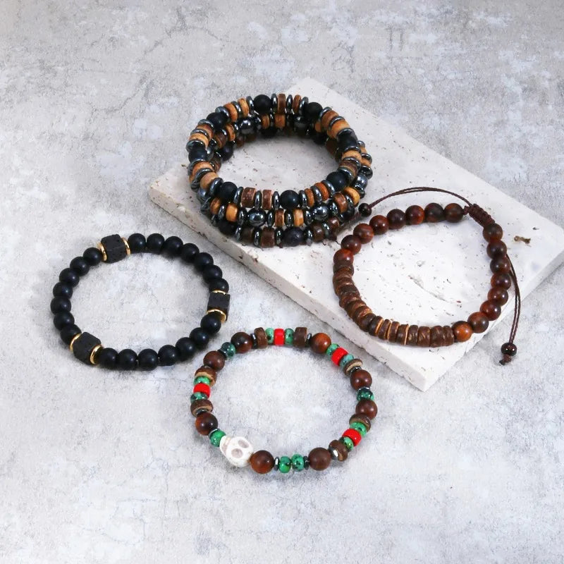 1PC Pulseras Hombre Vintage Tribal Holz Perlen Mann Armbänder Pulseiras Masculina Lava Stein Perlen Männliche Armbänder Homme