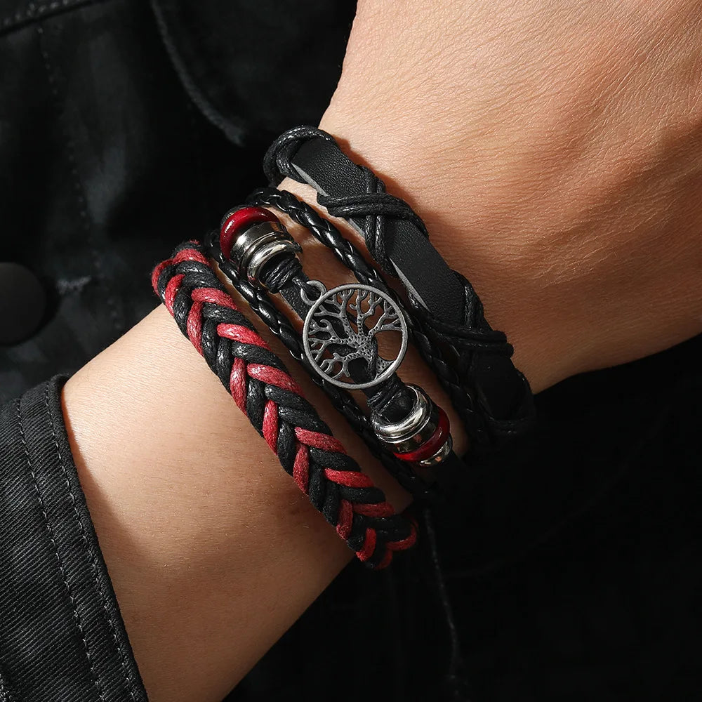Punk Casual Bead6 Teil/satz Baum Schwarz Khaki Handgemachte Männer Armbänder Männlichen Frauen Leder Armbänder Männer Armreif Großhandel Schmuck Geschenk