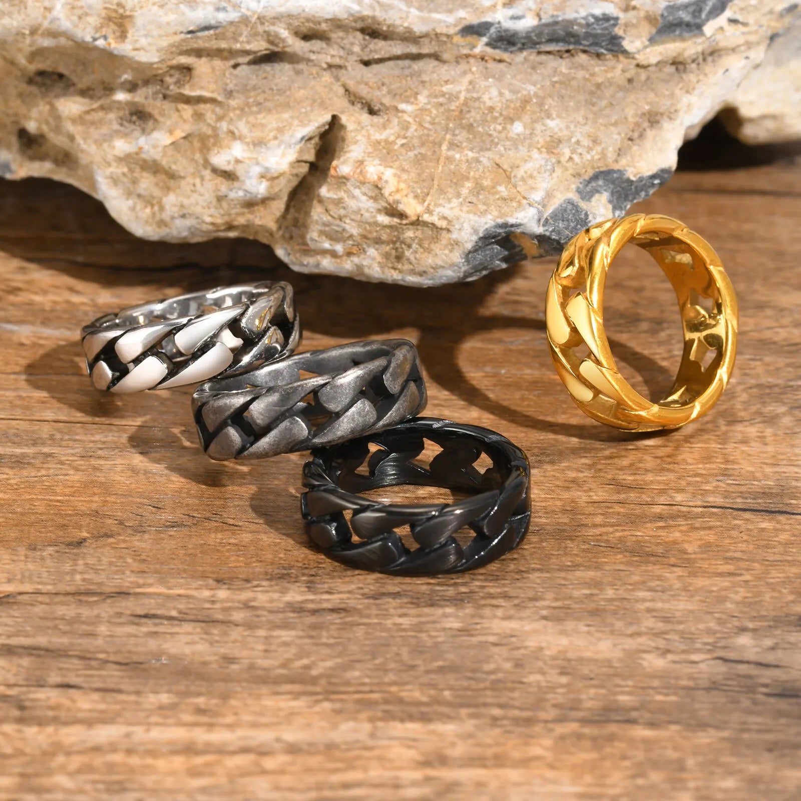 Vnox Herren Vintage oxidierte Edelstahlringe, Gliederförmiges Fingerband, Punk Rock Male Alliance