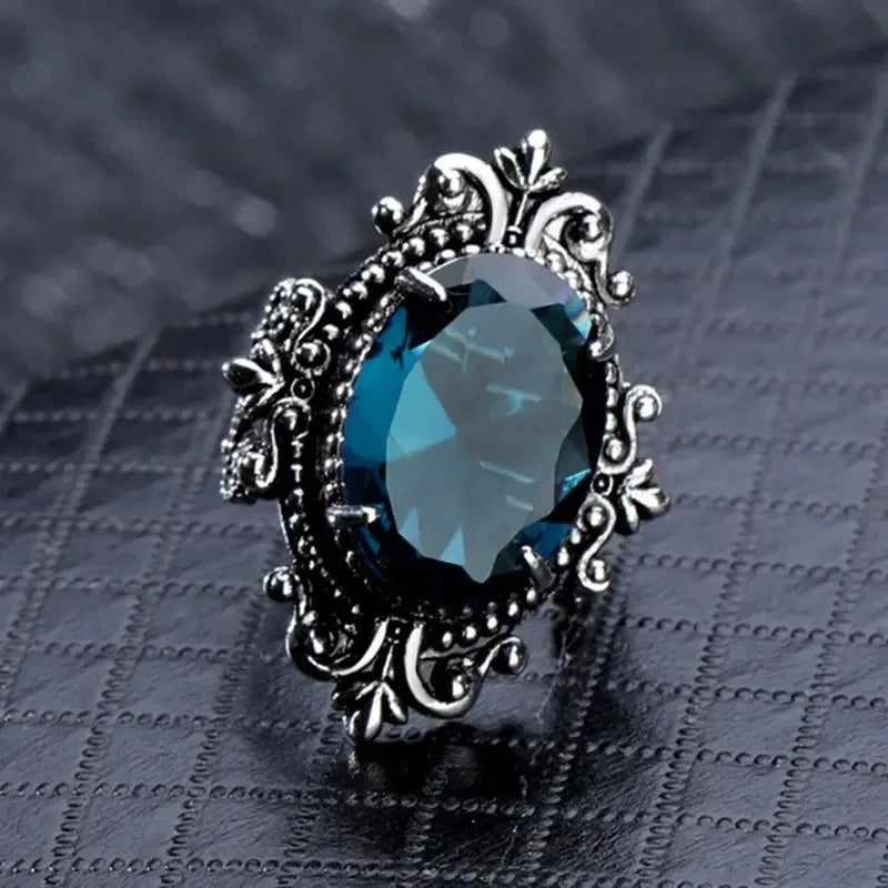 Huitan Geschnitzte Muster Vintage Frauen Ringe mit Oval Blau CZ Stein Retro Weibliche Ringe für Party Chic Jahrestag Geschenk Neue Schmuck