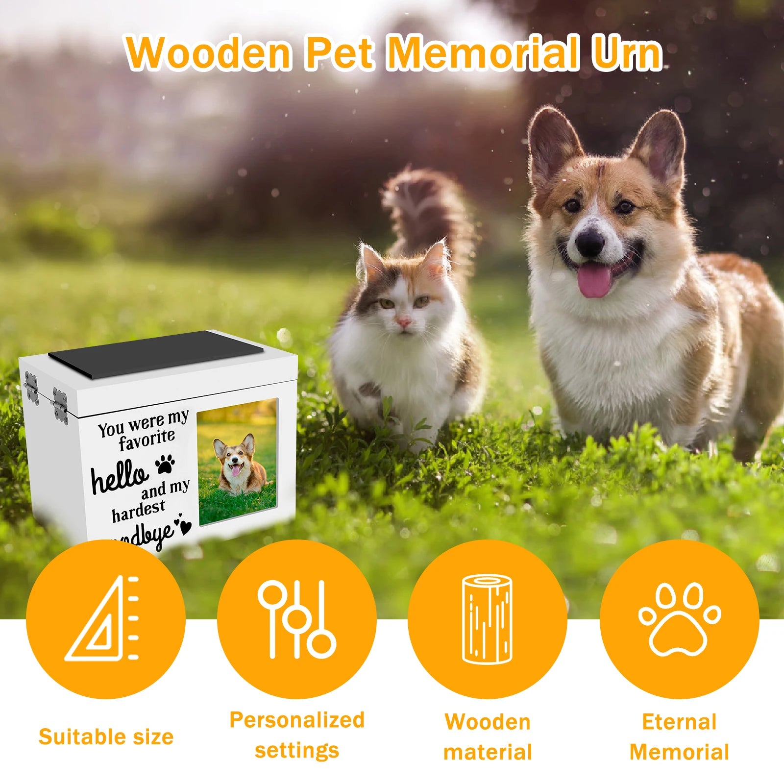 Hölzerne Haustier-Gedenkurne, DogCremation Urne mit Fotorahmen, Schlüssel und Schloss, personalisierte Haustier-Andenken-Memory-Box für Asche von Hunde oder Katzen