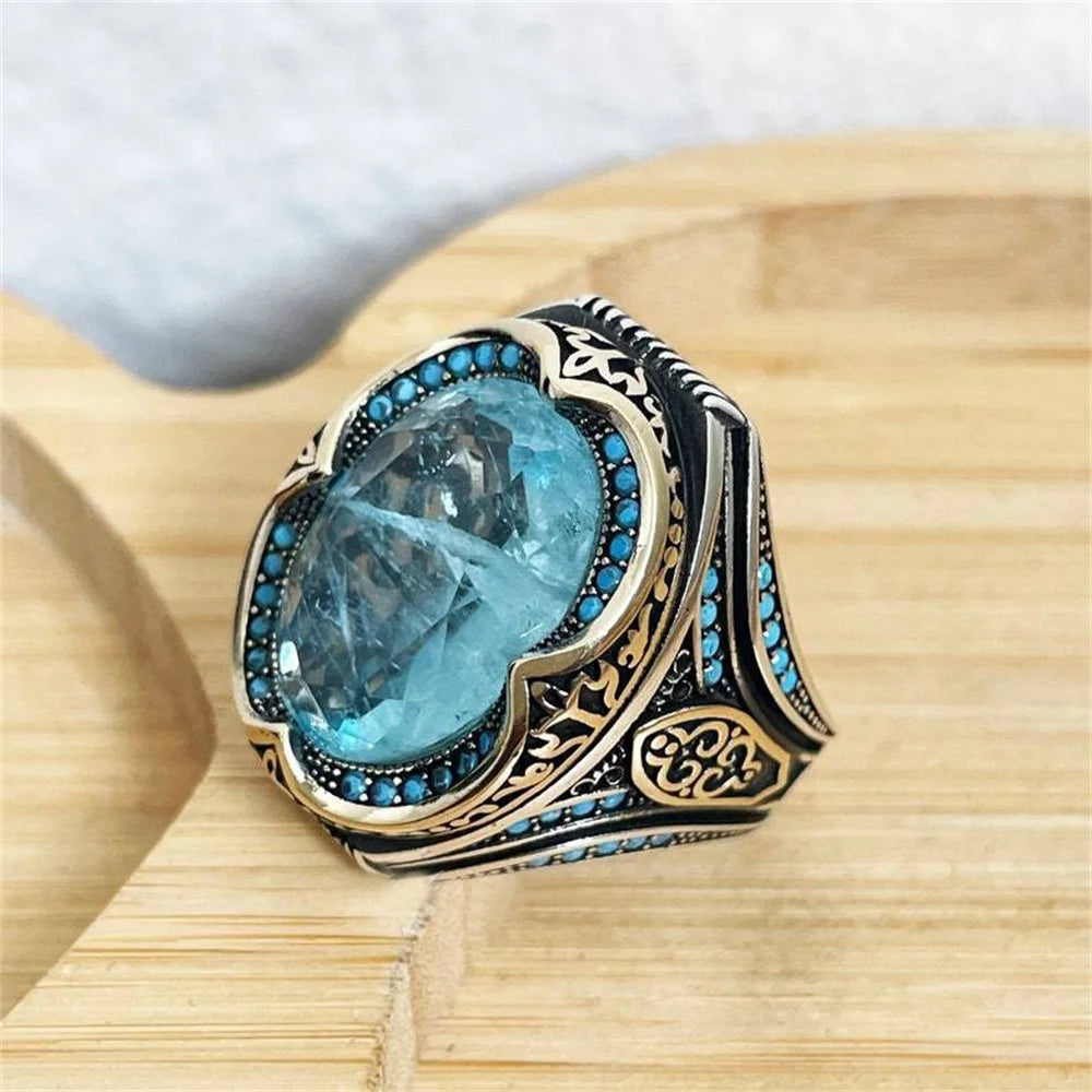 Vintage Herren handgemachte türkische blaue Zirkon Stein Ring alte Silber Farbe Muster Ring trendige islamische religiöse muslimische Schmuck