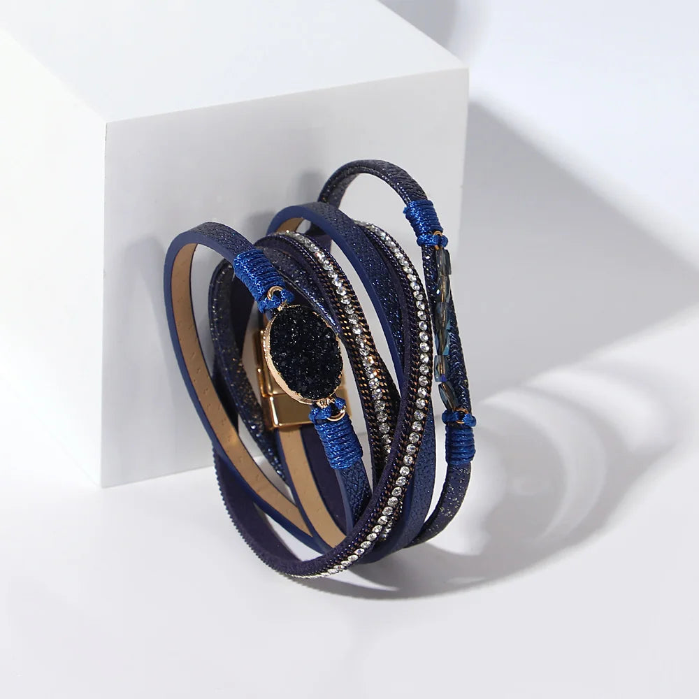 ALLYES Retro Blaue Lederarmbänder für Damen Herren Boho Charm Perle Kristall Herz Mehrschichtiges Wickelarmband & Armreif Schmuck Geschenke