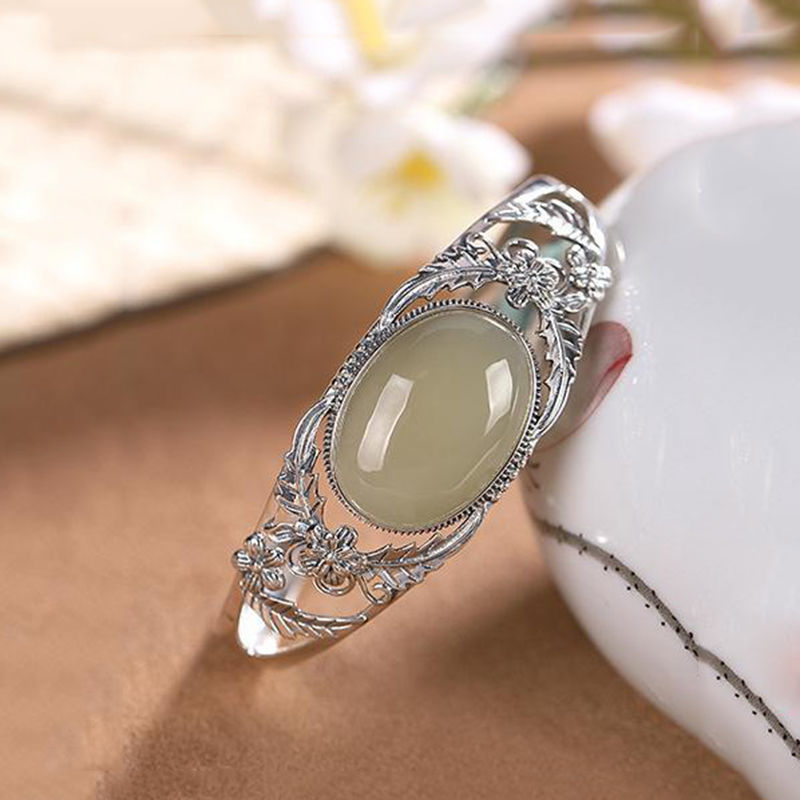 Vintage Silber eingelegte natürliche Hetian Jade Blume Hohl Armreifen für Frauen eleganten Ethno-Stil Hochzeit Verlobung Schmuck