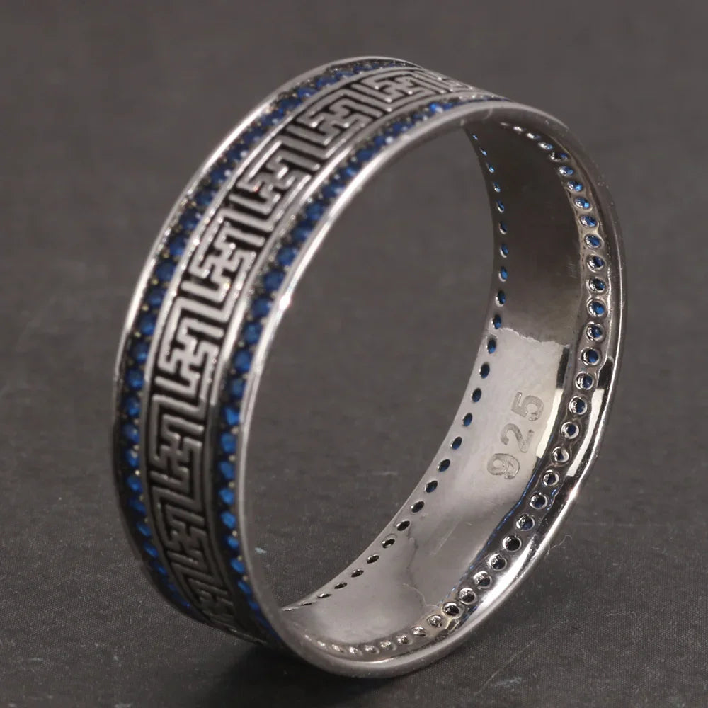 Türkische Ringe aus echtem Sterlingsilber 925, für Männer und Frauen mit blauem, rundem Zirkon, Retro-Punk-Ringe, modischer Silberschmuck
