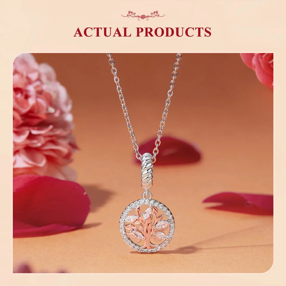 WOSTU Muttertags-Charm aus 925er-Sterlingsilber mit Rosenblüten-Anhänger, Baum des Lebens, Herzperlen, passend für Armbänder, Halsketten, DIY-Geschenk für Mama