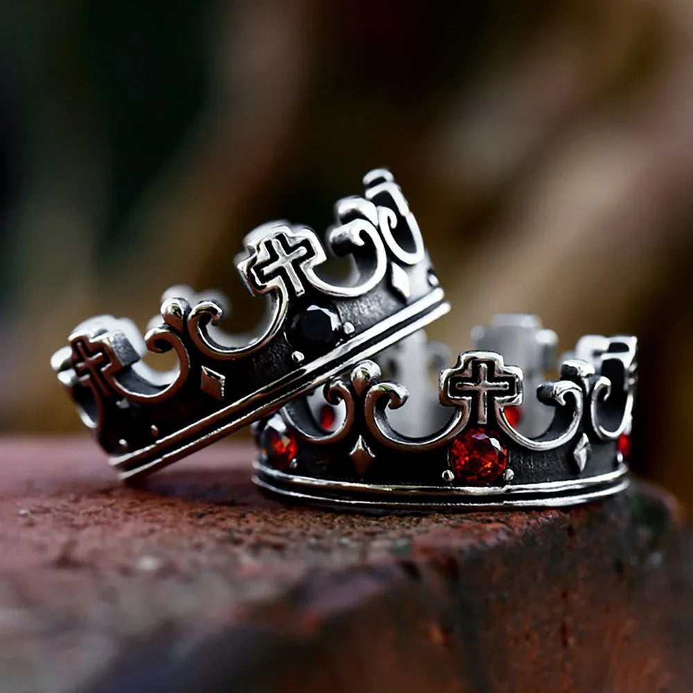 Vintage Kreative 316L Edelstahl Kreuz Krone Ring Mit Roten Steinen Für Männer Frau Einfache Party Mode Christentum Schmuck