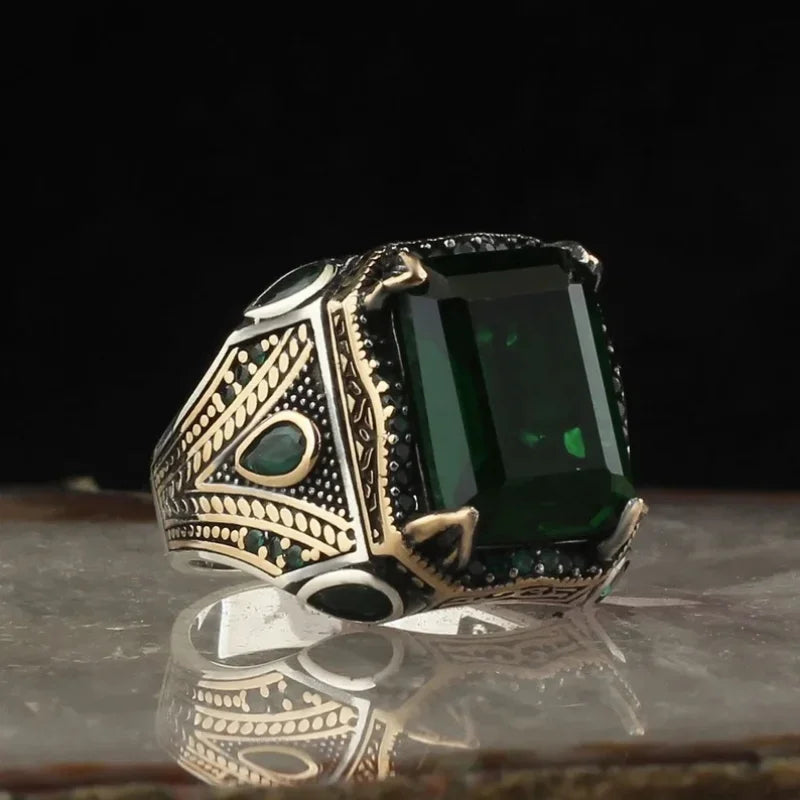 Retro handgemachte türkische Siegelringe für Männer alte silberne Farbe geschnitzten Ring mystischen Zirkon Inlay neuen Punk Motor Biker Ring